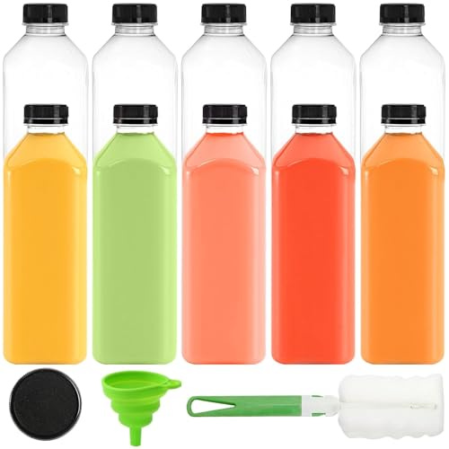 Jucoan 10 Pack 1000ml Plastic Juice Bottles with Black Cap, Clear Reusable Containers with Lids, Great Disposable Bottles for Making Juice, Milk, Salad Dressing, Smoothie and Other Beverages