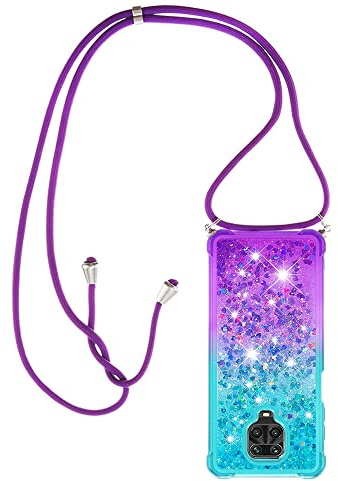 Paekear Halsband för Xiaomi Redmi Note 9S / Note 9 Pro silikonskal, flytande glitter flickor kvinnor fodral, axelgnista och snodd halsband med justerbar snodd ficka