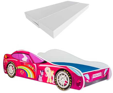 KOBI Lit de Voiture pour Enfant | Ponny Car | 70 x 140 cm | Multicolore | Thème My Little Pony Dessin Animé | Enfants Garcon Fille | avec Sommier et Matelas | Cabane avec Barriere