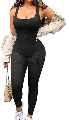 Jetjoy Women Ribbed Jumpsuit Yoga Bodycon Square Neck Sleeveless Sports Romper All In One Jumpsuit Stretchy Overall Workout Ladies Outfit Playsuit