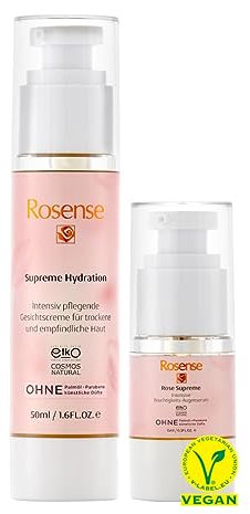 Rosense Duo-Set für trockene/empfindliche Haut:Feuchtigkeitsspendende Gesichtscreme 50ml mit Hyaluronsäure,Augenserum 15ml - Vegan, Parabenfrei, Dermatologisch bestätigt