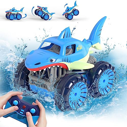 MaxTronic Carga Directa Coche Teledirigido, 2.4GHz RC Radio Control 4WD Stunt Coche de tiburón Acrobacia Rotación de 360°, Anfibio con Luz LED1:22 Regalo para Niños y Niñas de 3 a 12 Años