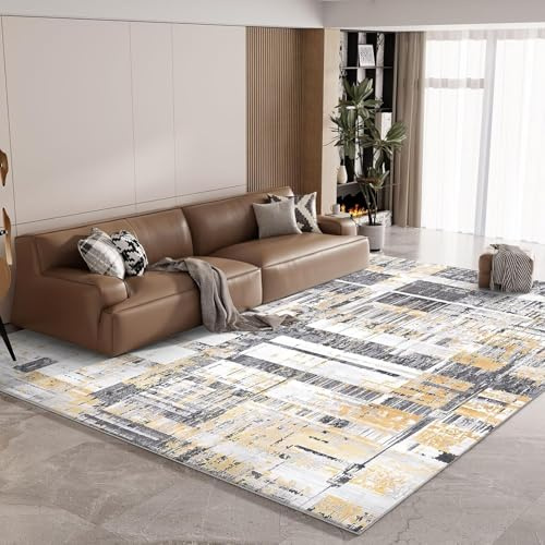Vamcheer Alfombra de Salón, 200×300 cm Esponja Gruesa y Suave Tipo Cachemira, Alfombra Moderna Abstracta Lavable y Antideslizante para Sala de Estar y Dormitorio,Decoración de Interiores,Amarillo/Gris