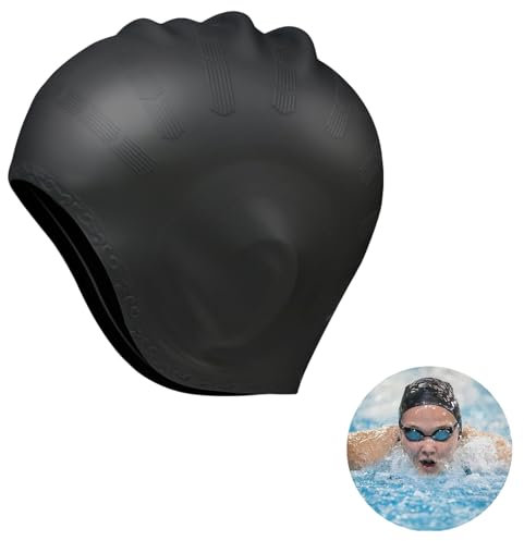 Silikon Badekappe mit 3D-Ohrenschutz, Badekappe, Schwimmkappe für Frauen und Männer, Elastische Badekappe, Weiche und Strapazierfähige Schwimmkappe, wasserdicht, reißfest, für Haarschutz(Schwarz)