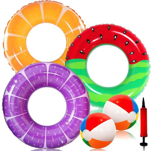Chennyfun 5 Pcs Flotadores Inflables Fruta para Piscina | Anillo de Natación 90cm, Balón de Playa, Con Bombas de Aire, Para Niño y Adulto