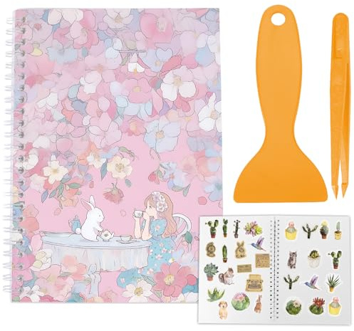 CRASPIRE Álbum de Colección de Pegatinas Reutilizables Tamaño A5 40 Hojas Papel Desprendible En Blanco Organizador de Pegatinas Libro con Pinzas Rascador Cubierta de Flor de Cerezo Resistente Al Agua
