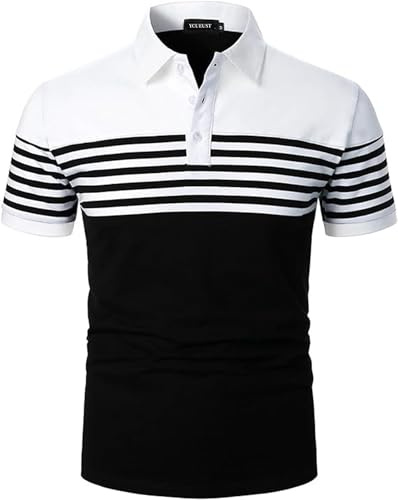 YCUEUST Men's Cotton Striped Short Sleeve Polo Shirt Fashion Casual T-Shirt Top White-Black XL