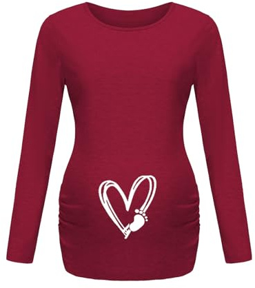 Stillshirt Umstandstop T-Shirt Lustige witzige süße Umstandsshirt Bequeme Stillkleidung Schwangerschaft T-Shirt Rundhals Umstandsmode Langarm Umstandsshirt Schwangerschaftskleidung für (Red, S)