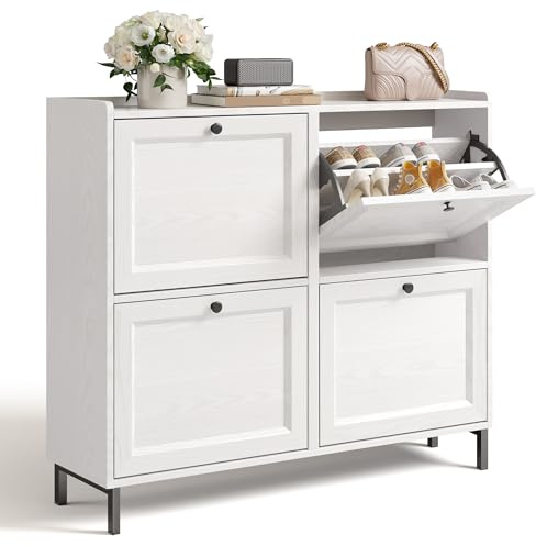 Bealife Zapatero Estrecho, Zapatero 4 Puertas para Entrada o Pasillo Abatibles y Estantes Ajustables para 16 Pares de Zapatos, 99.3x24x91 cm, Color Blanco