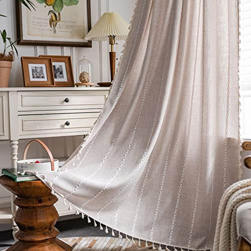 Plancholo Rideau semi-occultant bohème de 300 cm de long - 1 panneau à rayures brodé en coton et lin avec pompons - Pour chambre à coucher, salon (café, 140 x 300 cm)