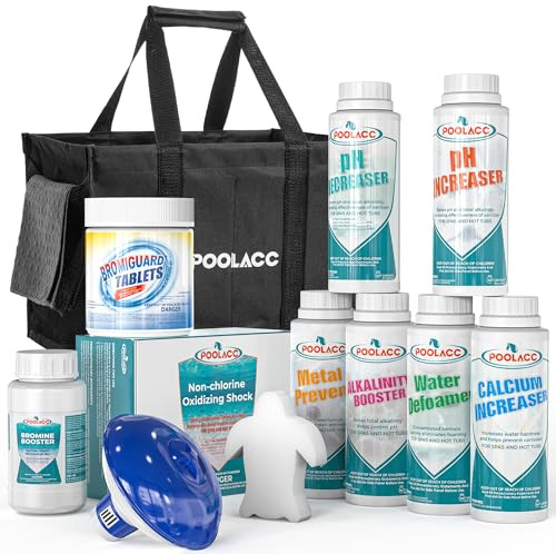 Poolacc Kit de inicio de bañera de hidromasaje de bromo: incluye productos químicos de capacidad adicional, 50 tiras de prueba, dispensador y accesorios | Juego de mantenimiento de spa todo en uno