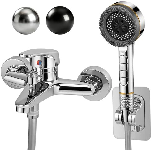 Grifo de Bañera con 4 Funciones Alcachofa de Mano Grifo Bañera Mezclador Monomando en Pared Grifería para Bañera con 1,5M Manguera y Soporte Mezclador de Baño (Plata Set-R)