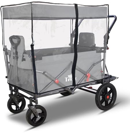 TMZ Folding Wagon Featuring Rain Cover, Folding Handcart Trolley with 2 Foldable Seats, Collapsible Garden Wagon with Brake for Festival Shopping Camping Picnic (Grey-cover)