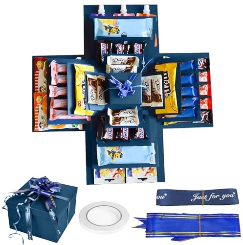 YOUNGSAY Scatola a Sorpresa a 5 Strati, Fai Da Te Scatola Sorpresa, Blu Scatola Foto Regalo con Nastro e Nastro Adesivo, Adatto per Compleanni, Matrimoni e Anniversari