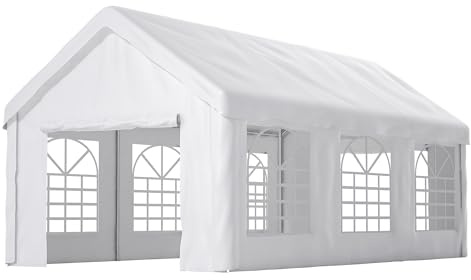 Carport 299 x 598 x 283 cm vit – tältgarage vintersäkert med upprullningsdörr och avtagbara sidoväggar, stort garagetält inklusive solcellslampor och LED för bil, SUV och lastbil