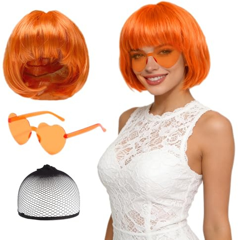 GYIOFAI 3 Pièces Orange Short Bob Perruque et Lunettes de Soleil en 1 filet à cheveux, perruque courte au carré synthétique colorée et amusante, pour Bachelorette Neon Party, Halloween (Orange)