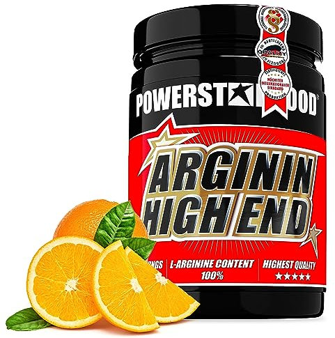 Powerstar ARGININ HIGH END | 500g L-Arginin Pulver hochdosiert & vegan | Deutsche Herstellung nach IFS | 100% L-Arginine Base ohne Zucker-Zusatz | Maximale Nährstoffversorgung | Juicy Orange