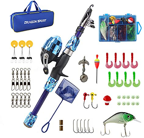 Kids Fishing Pole Spincast Youth Fishing Pole Tackle Box - with Net,Travel Bag,Rod and Reel Kit for Boys and Girls, Youth or Beginner’s (Blue)