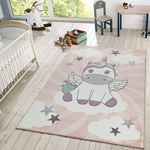 TT Home Alfombra Infantil Niña De Juego Unicornio Adorable Nubes En Rosa Blanco y Lila, Tamaño:Ø 120 cm Redondo