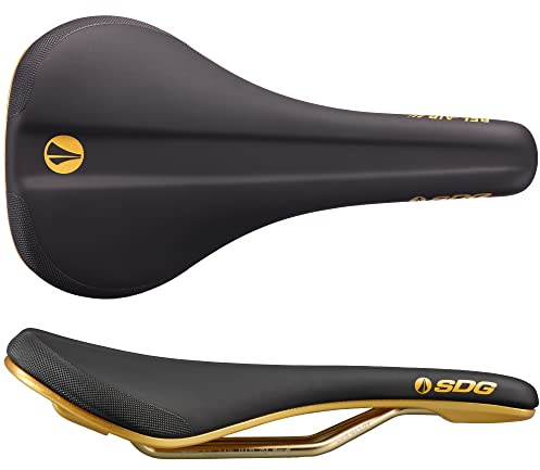 SDG Bel-Air V3 Galaxic Bike Saddle – Black Microfibre/Gold Base | MTB, Trail & Gravel Comfort Saddle with Cut-Out & Lux-Alloy Rails
