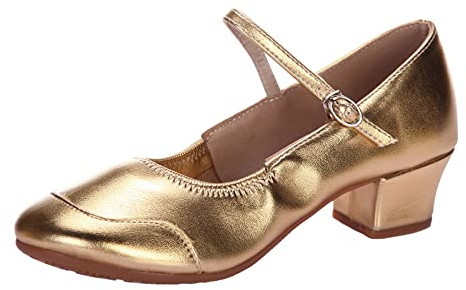 Momolaa Women's Mary Jane Dance Shoes Sandals Chunky Heel Pumps Round Closed Toe Mid Low Heels Office Work Shoes,CLEARANCE Gold 7