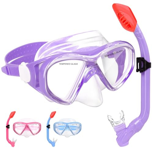 Set da snorkeling per bambini, con top asciutto, per bambini, ragazzi e ragazze, età 5-15 anni, in vetro temperato, maschera e boccaglio, vista panoramica a 180 gradi (viola chiaro)