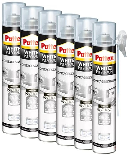 Pattex White Line Montageschaum, reinweißer PU-Schaum zum Füllen, Dämmen, Ausschäumen und Isolieren, Bauschaum mit hoher Wärme- und Schalldämmung, 6x750ml Dose