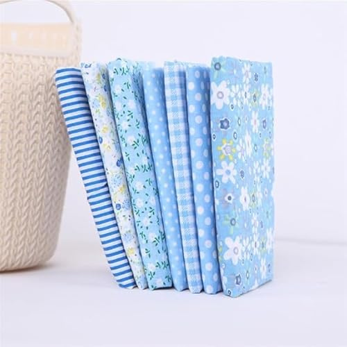 Lot de 7 carrés de tissu en coton bleu pour loisirs créatifs, patchwork, couture, scrapbooking, matelassage, motif floral à pois - 25 x 25 cm