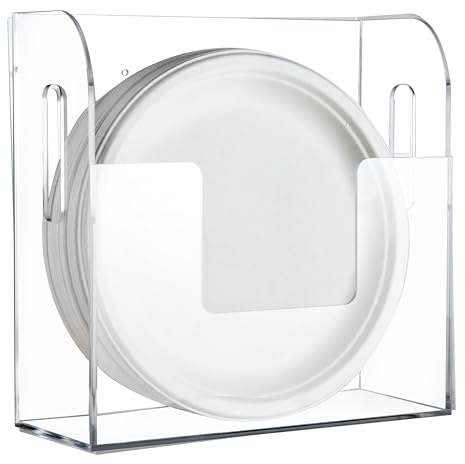 Acrylic Paper Plate Dispenser Wall Mounted, Paper Plate Organizer in Cabinet, Disposable Plate Storage Holder for Kitchen Countertop or Outdoor Picnics Party, Provide Adhesive Strip & Mounting Screws