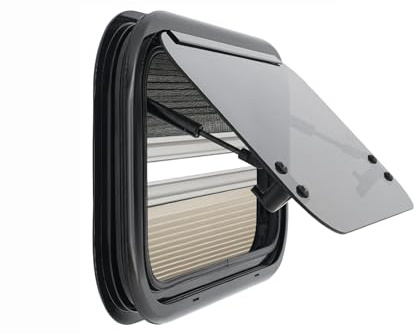 Finestra laterale per roulotte nera, finestra per camper con parasole a schermo, trasmissione della luce 18%, angolo di apertura 0-85°, per camper, roulotte, camper (500x300mm)