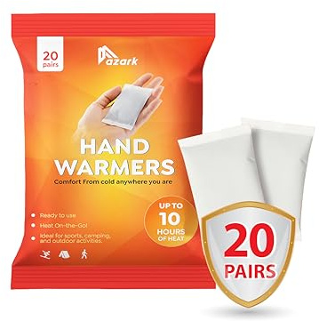 azark Unisex Disposable Hand Warmers 20 Pack, Up to 10 Hours Heat Instant Fast Heating Packs for Men & Women Portable Pocket Size, Ideal for Sports, Camping, Hiking, Travel, Skiing, Cold Weather