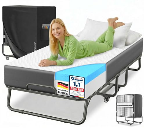 KESSER® Letto pieghevole 200 x 90 cm, con materasso in memory foam e ruote, letto da viaggio pieghevole con telaio in metallo, portata fino a 250 kg, letto in metallo con materasso in schiuma e