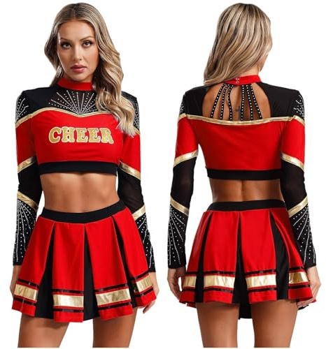 ZPFDSG Cheerleader Kostüme 2-teiliges Cheerleading-Kostüm for Damen, Cheerleader-Tanz-Outfits, langärmelig, Pailletten, Bauchfreies Top mit Faltenrock, Set, Cheer-Uniform(Red,S)