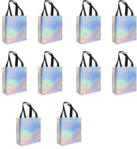 10 Pcs Glossy Iridescent Party Bags, Reusable Gift Bags for Presents, Frozen Themed Gift Bags, for Wedding Easter Holiday Party Christmas Favor Grocery