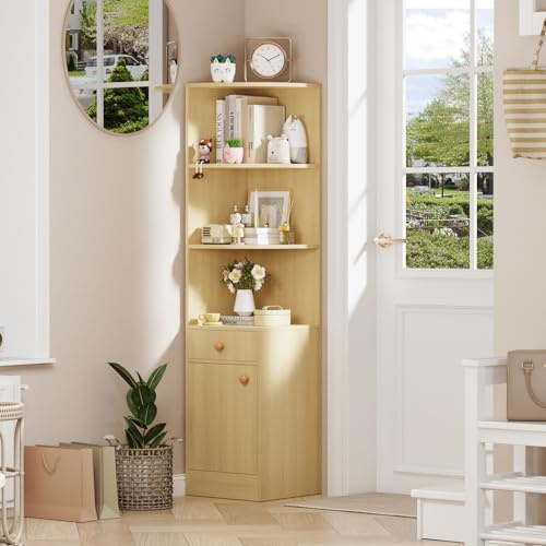 Lvhcmfohm Bücherregal Holz, Modernes Eckregal Stehend mit Aufbewahrung, 3 Offene Regale Eck-Bücherschrank mit 1 Schublade und 1 Schrank mit Türen, Aufbewahrungsregal für Eckraum, 38x38x161cm, Holz