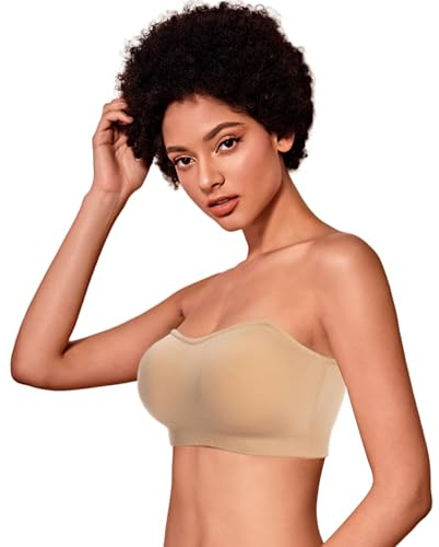 DD DEMOISELLE Bandeau Bra with Built-in Bra, Strapless Tube Top for Women, Strapless Push Up Bras for Women, 1 Pack, Beige,XL