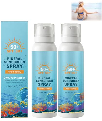 Lot om 2 solskyddsspray SPF 50+, brett UV-skydd UVA/UVB, mineralt solskyddsspray SPF 50, fuktgivande solskyddsspray för ansikte och kropp, uppfriskande och