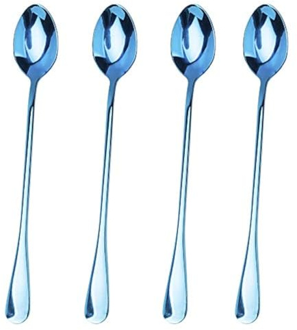 Long Handle Iced Tea Spoon, Stainless Steel Coffee Mixing Spoons, Long Cream Dessert Spoons Set of 4 (Blue), Dishwahser Safe