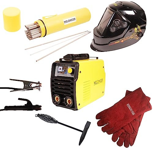 Aktionsset WELDINGER EW 201 dig pro digitaler MMA-Elektrodenschweißinverter Lift-WIG (Helm AH 300 + Elektroden + Hammer + Handschuhe) 5 Jahre Garantie