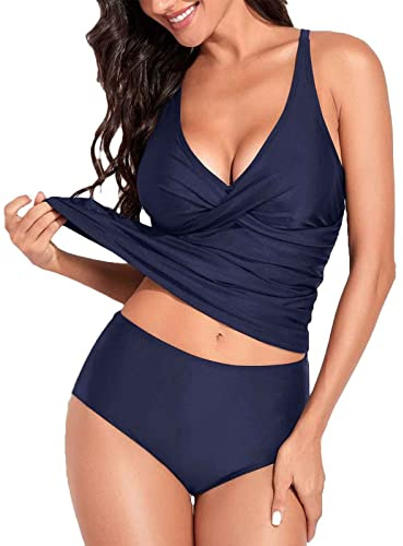 Yutdeng Tankinis Mujer Reductor Vientre Plano Traje de Baño Dos Piezas Push Up Relleno Bañador Sexy de Cuello V Crossover Biquini Talla Grandes Braga de Bikini Cintura Alta
