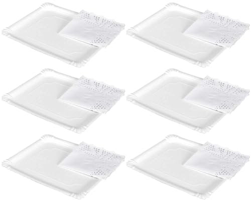 Acan - Pack de 6 Bandejas con blonda Rectangular - Especial para Fiestas o Celebraciones - 22 x 28 cm - Material reciclable - Blanco