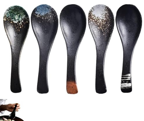 Set Di 5 Cucchiaio Cucchiaini In Ceramica, Cucchiai Da Minestra Cinesi Retrò, Cucchiai Da Ramen Asiatici, Cucchiai Da Zuppa Giapponesi, Creativo Stoviglie Cucina Per Wonton Pasta Caffè (Nero)