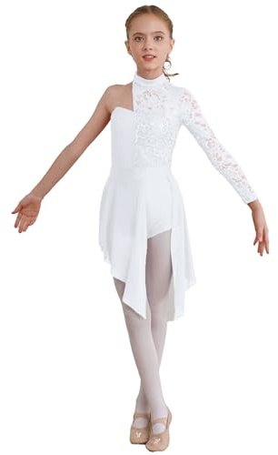 TTAO Enfant Fille Robe Ballet Danse Classique Asymétrique Une Manche Longue Justaucorps Gymnastique Dentelle Léotard Jazz Latine Robe Sport Patinage Dancewear 5-16 Ans Blanc D 7-8 Ans