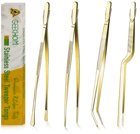 GEEKHOM Pinzette da cucina, confezione da 4, pinze lunghe e fini da 30,5 cm, pinzette da cucina in acciaio inox, pinze professionali da chef per barbecue, cottura, arrosto, decorazione per dessert,