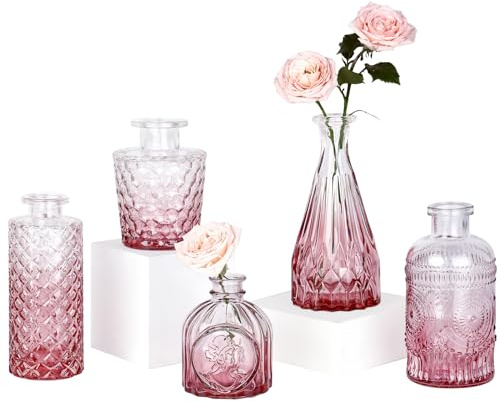 TBWIND Set med 5 glasvaser för blomknoppar, För den rosa dagen, små vaser för bordsdekoration i flerpack, minivaser i vintage-stil för bröllopsdekoration, enstaka blommor och heminredning.