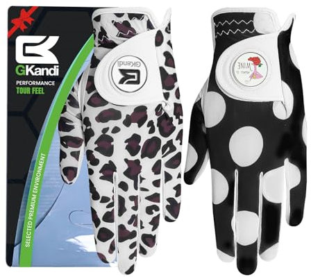 GKandi Damen-Golfhandschuhe für Rechtshänder, Linkshänder, 2er-Pack, mit Ballmarker, Leder, Allwetter-Griff, atmungsaktiv, weich, Geschenk-Set (Leopard + weiße Punkte, Größe M (auf der linken Hand