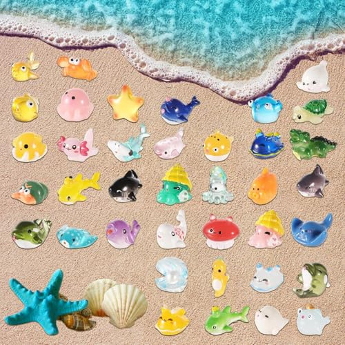 Nhemeylp 38PCS Mini Resin Animals, Ocean Animal Mini Figures Marine Miniature Tiny Toys Small Aquarium Ornaments Dolphin Octopus Shark Seashell Starfish for Dollhouse Garden Decorations