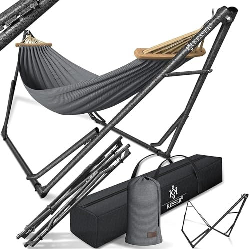 KESSER® Hängematte Vill mit Gestell Metall Faltbar verstellbar Stabiler Rahmen Indoor & Outdoor Mit Tragetasche + Beutel Hängesessel Hängemattengestell Camping Garten Pool Balkon Terrasse, Grau