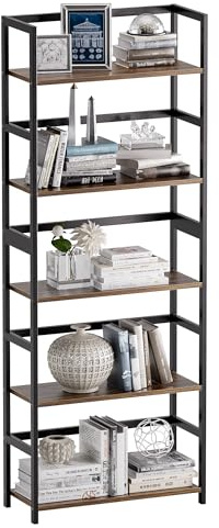 vovala 5-Tier Bookshelf, Industrial Bookcase with Bamboo Frame, Modern Display Standing Shelf Unit, Tall Wood Storage Organizer for Living Room, Home Office, Rustic Brown
