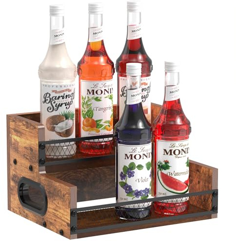 Estante de exhibición de botellas de licor, gabinete pequeño de licor, soporte de mini bar para 6 botellas para licor, whisky, estante de vino de encimera de 2 niveles, estante organizador de jarabe